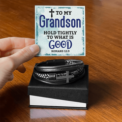 Grandson Hold Tightly - Cross Leather Bracelet