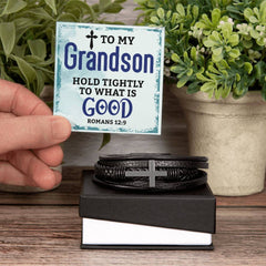 Grandson Hold Tightly - Cross Leather Bracelet
