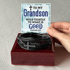 Grandson Hold Tightly - Cross Leather Bracelet